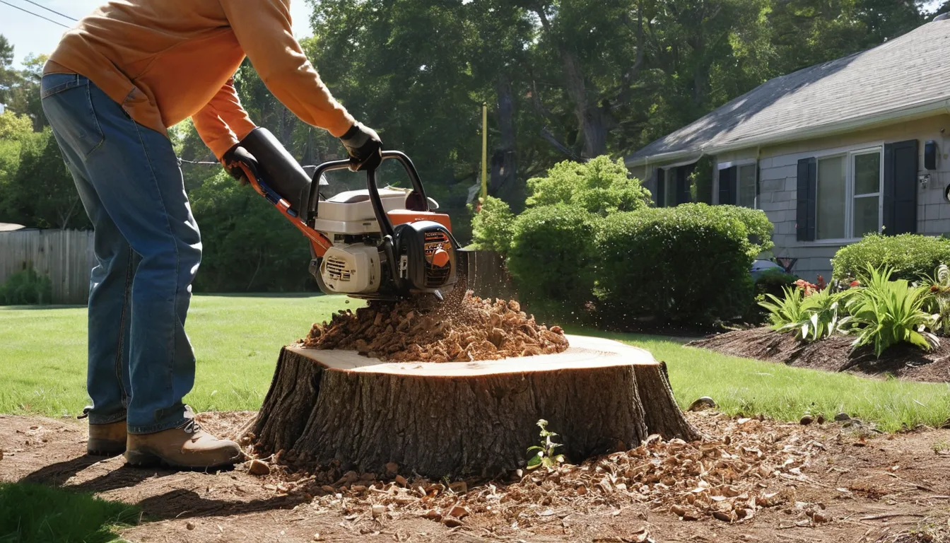 A friendly provider grinding an old tree stump in a residential yard in Jennerstown