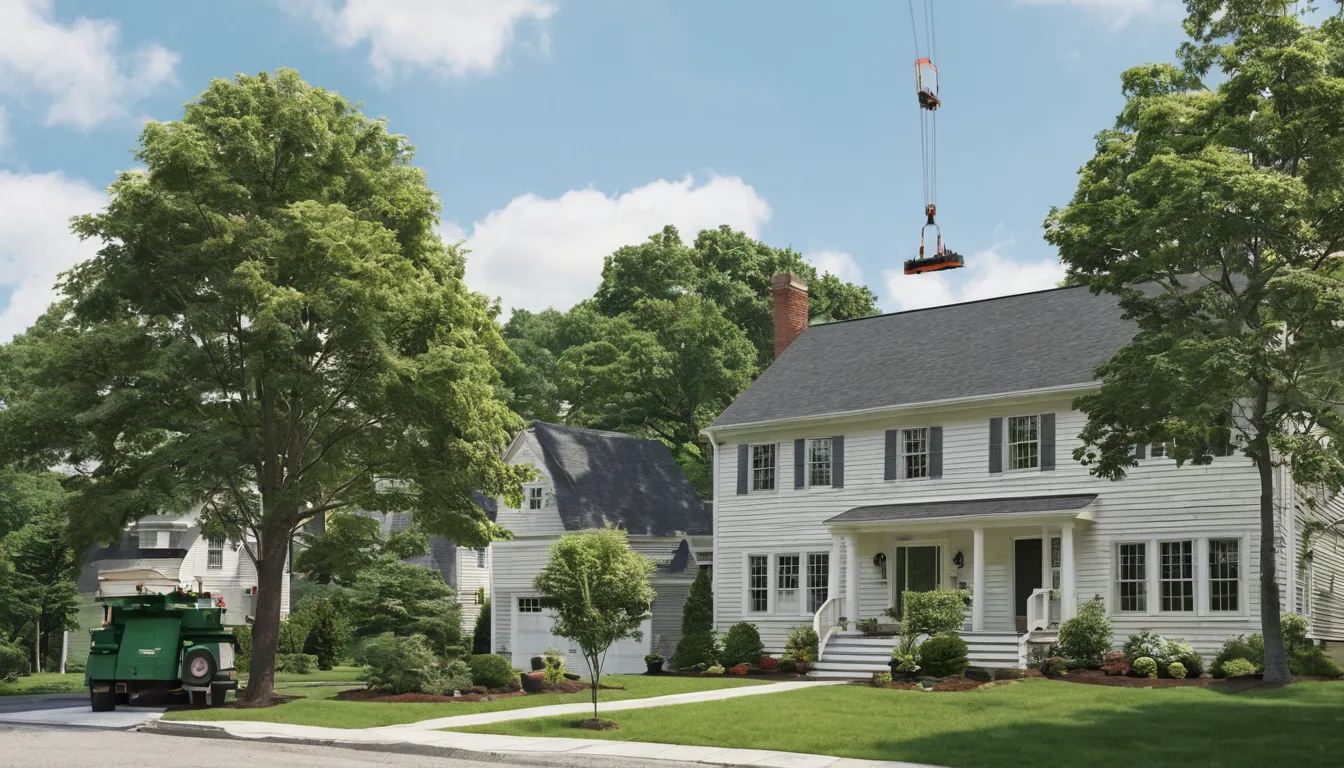 A local provider and a homeowner reviewing a large tree beside a house in Jennerstown